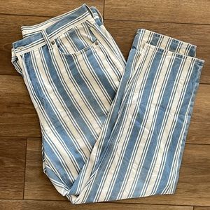 American Eagle blue and white pinstripe denim mom jeans